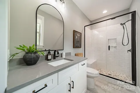 a bathroom with a granite countertop sink a toilet a mirror and shower