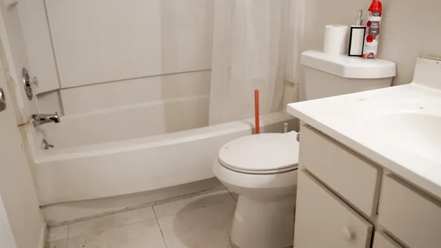 a white toilet sitting next to a bath tub