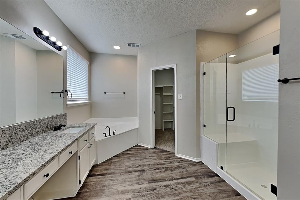 2224 Red Maple Road Flower Mound, TX 75022 - Photo 12 of 22 a spacious bathroom with a granite countertop sink mirror and shower