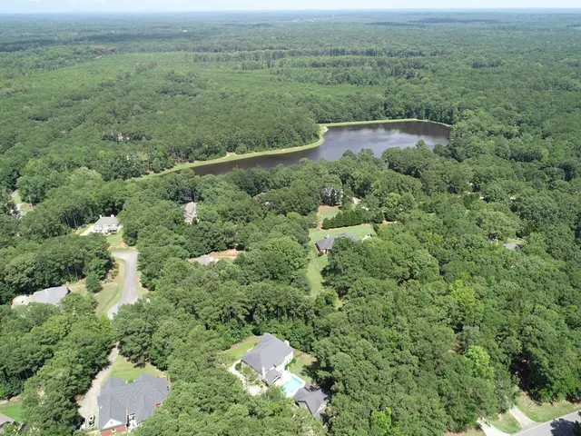 an aerial view of residential houses with outdoor space and trees