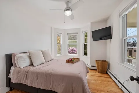 a bedroom with a large bed and a flat screen tv