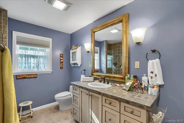 a bathroom with a granite countertop sink a toilet and a mirror