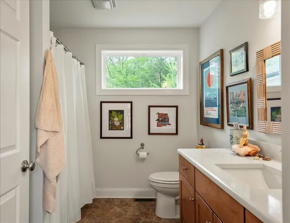 a bathroom with a sink toilet and window