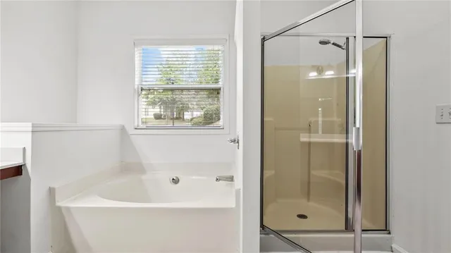 a bathroom with a bathtub and a shower