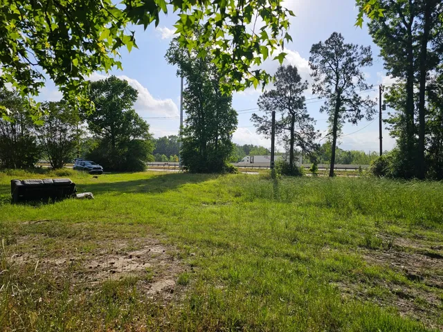 a view of backyard with swimming pool and green space