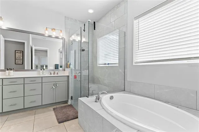 a bathroom with a tub a sink shower and mirror