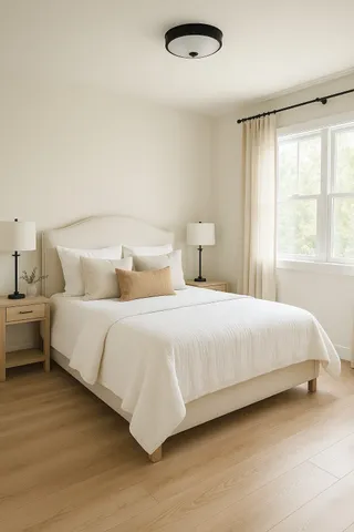 a bedroom with a bed and a large window
