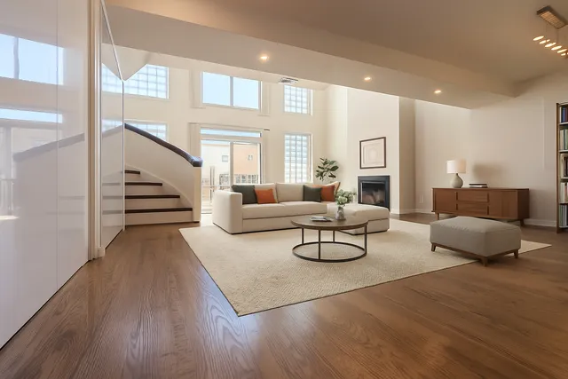 a view of a livingroom with wooden floor and a fireplace