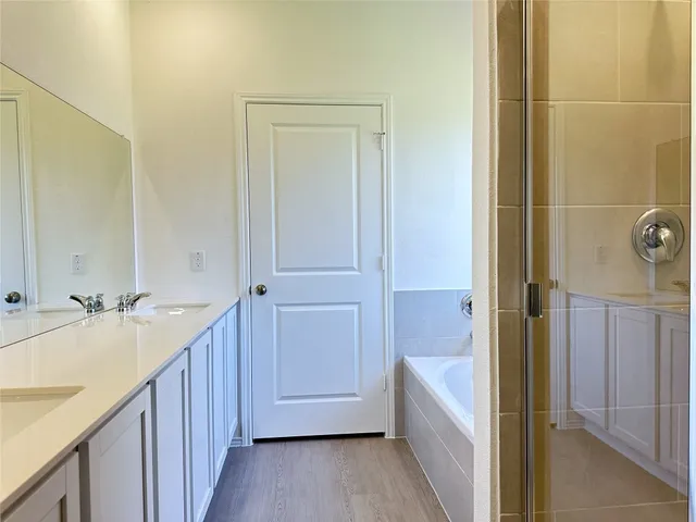 a bathroom with a tub sink and mirror