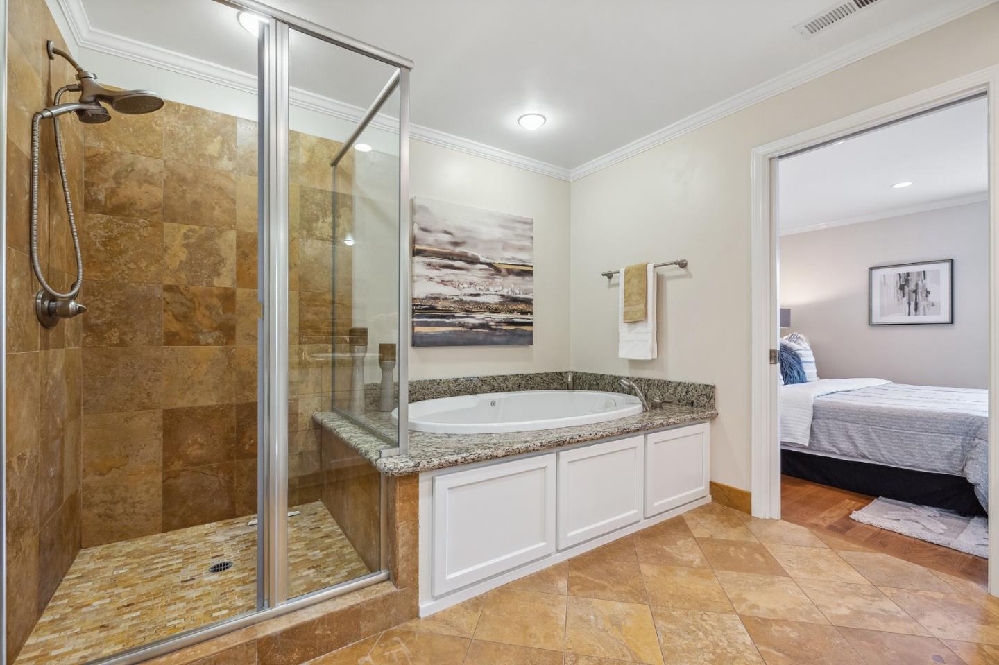 5236 Roxanne Drive San Jose, CA 95124 - Photo 23 of 35 a bathroom with a granite countertop sink a mirror and shower