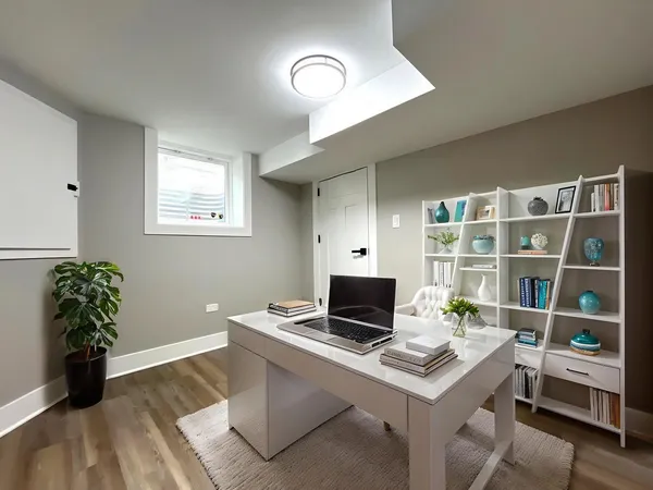 a view of a workspace with furniture