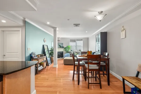 a view of a dining room with furniture