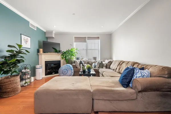 a living room with furniture a fireplace and a potted plant