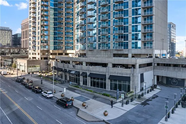 a city view with tall buildings