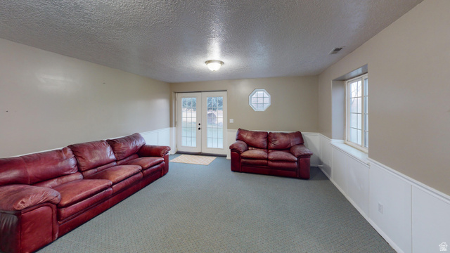 9029 North Treasureton Road Preston, ID 83263 - Photo 13 of 31 Carpeted living area featuring wainscoting, a textured ceiling, healthy amount of natural light, french doors, and a decorative wall