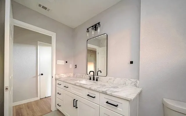 a bathroom with a granite countertop sink and a mirror