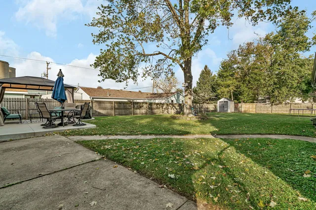 a view of a park with large trees