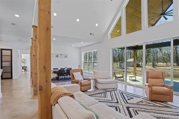 a living room with furniture and a floor to ceiling window