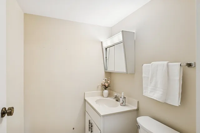 a bathroom with a sink toilet and mirror