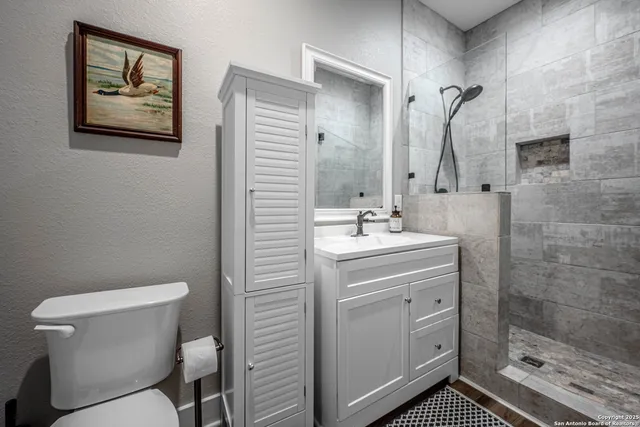 a bathroom with a sink mirror vanity and toilet