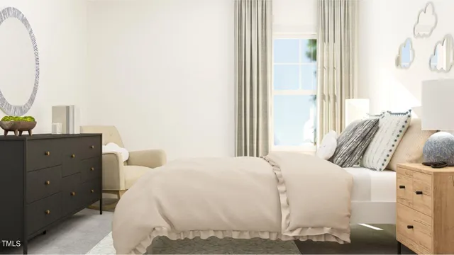 a bedroom with a bed and a mirror