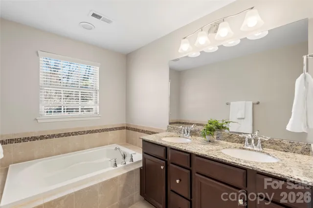 a bathroom with a granite countertop bathtub a sink and a large mirror