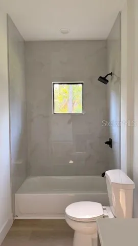 a bathroom with a toilet and a bathtub