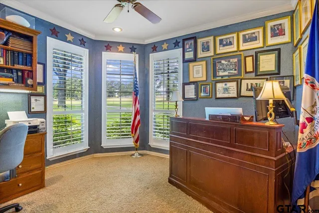 a view of a workspace with furniture and a book shelf
