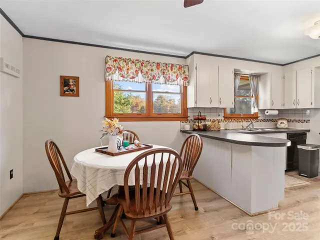 a view of a dining room with furniture window and outside view