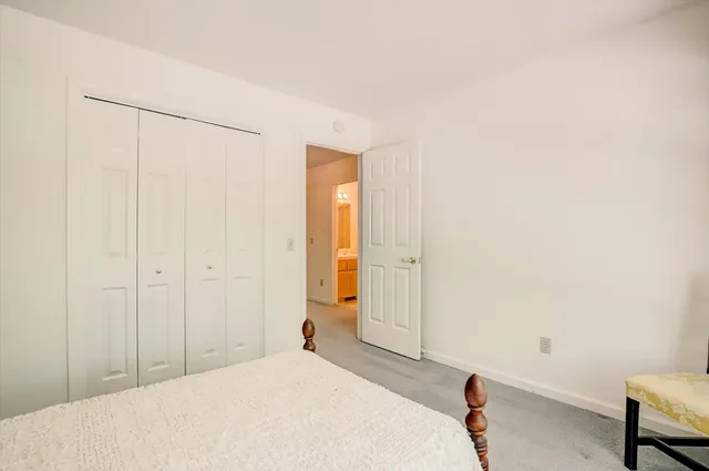 a bedroom with a bed and a closet