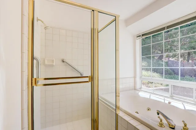 a bathroom with a bathtub and a shower