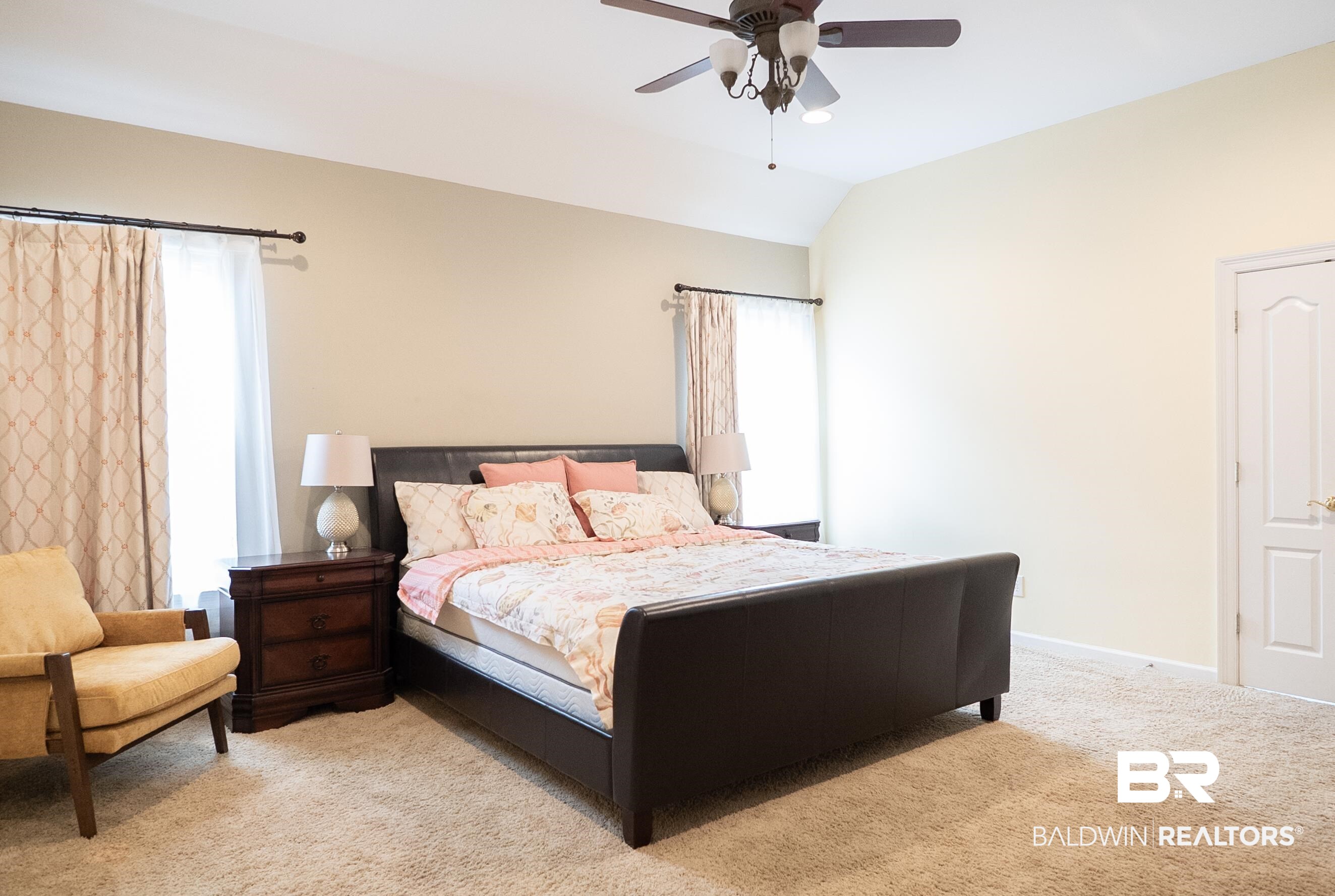 10023 Springfield Court Mobile, AL 36695 - Photo 31 of 50 Bedroom featuring carpet flooring, a ceiling fan, and lofted ceiling