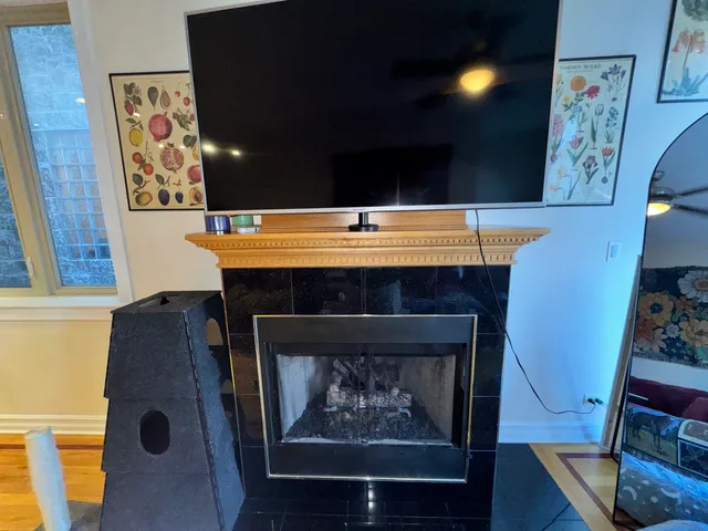 a room with painting on the wall and a fireplace