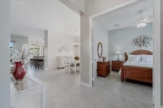 a view of a dining room with furniture