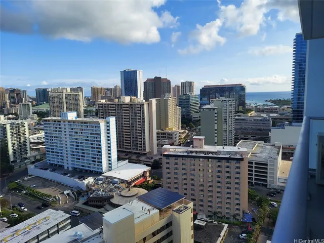 a city view with tall buildings
