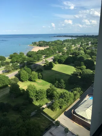 a view of a lake with a city