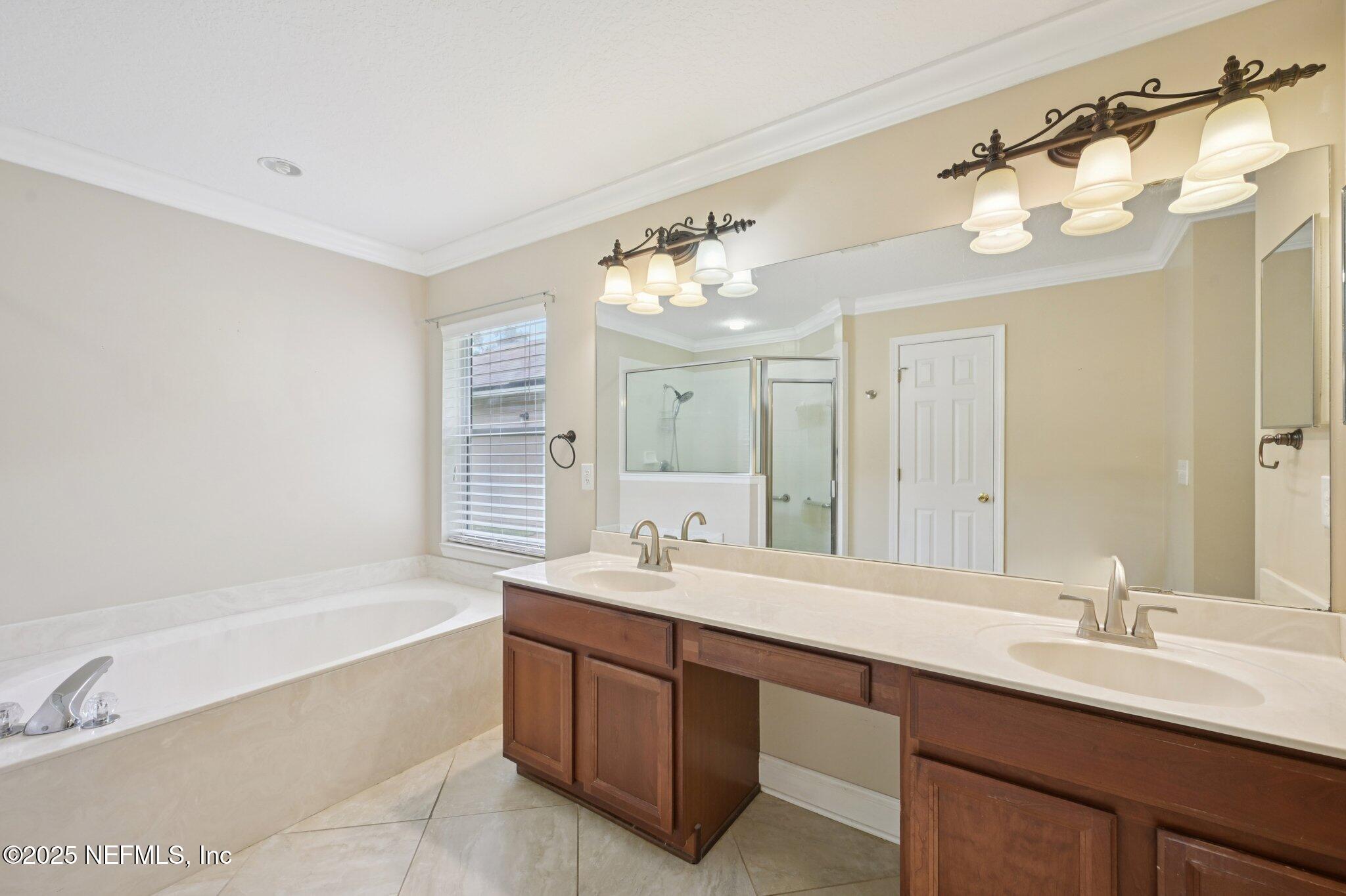 1734 Covington Lane Fleming Island, FL 32003 - Photo 26 of 54 a bathroom with a double vanity sink a large mirror and a bathtub