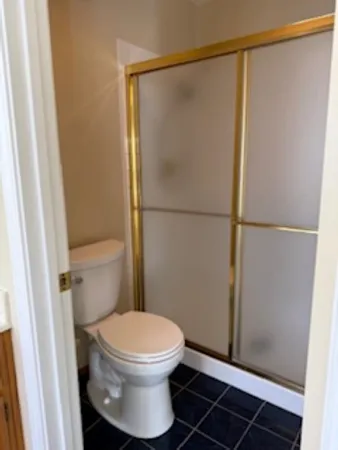 a white toilet sitting next to a shower