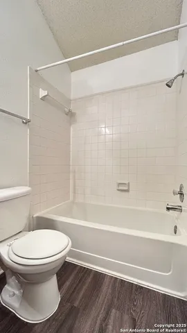 a bathroom with a toilet and a bath tub