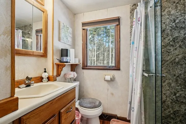 a bathroom with a sink toilet and a mirror