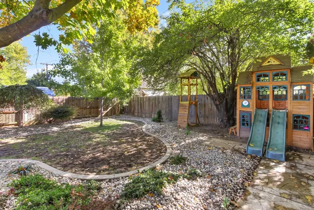 a view of a park with large trees