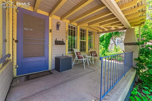 a porch with seating space
