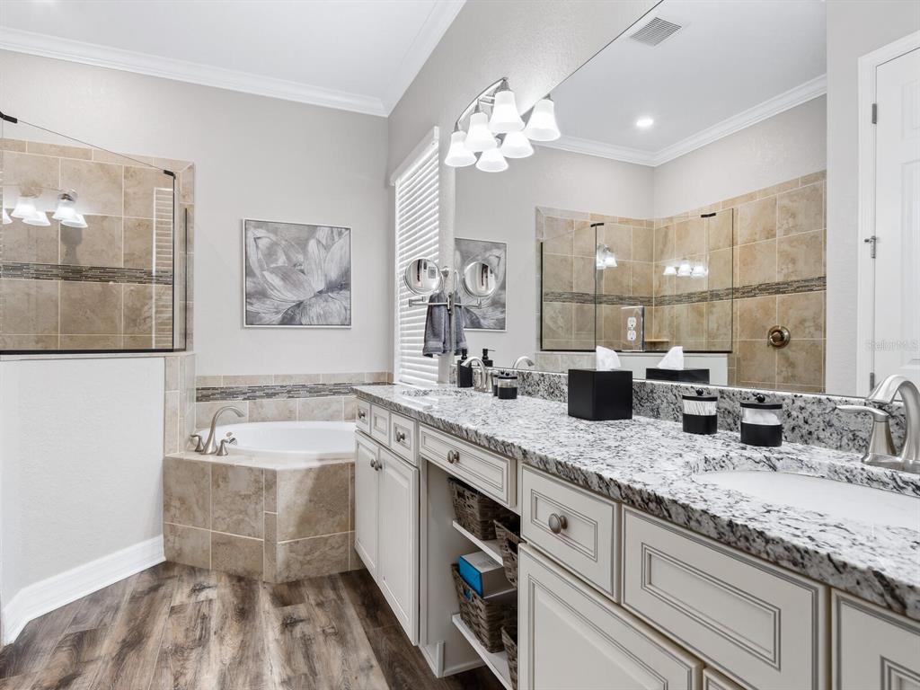 16532 Hillside Circle Lakewood Ranch, FL 34202 - Photo 24 of 67 a bathroom with a granite countertop sink a large mirror and a bathtub