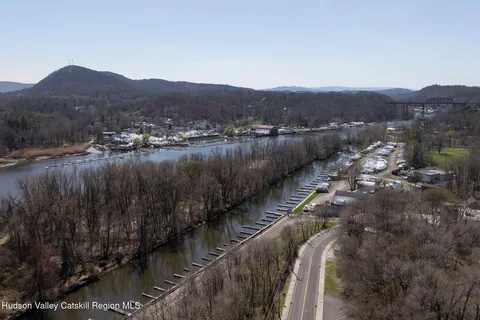 a view of a lake in middle of the town