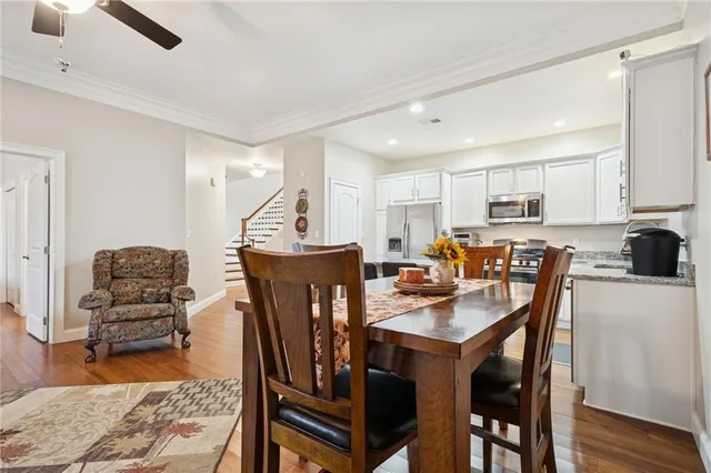 a view of a dining room with furniture