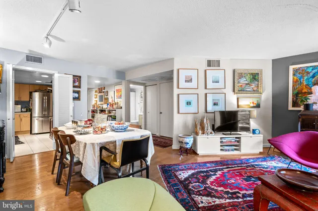a view of a dining room with furniture