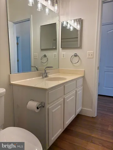 a bathroom with a sink a large mirror a toilet and vanity