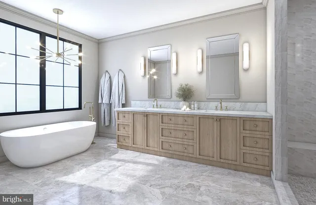 a spacious bathroom with a double vanity sink mirror and bathtub