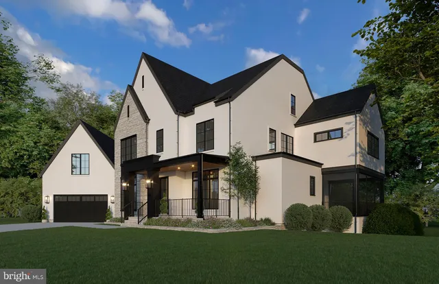 a view of a white house with a big yard and potted plants