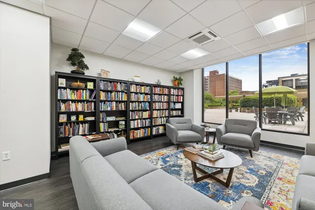 an outdoor space with furniture